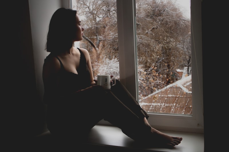 A woman standing in silhouette at a dark window, lit by moody winter light.